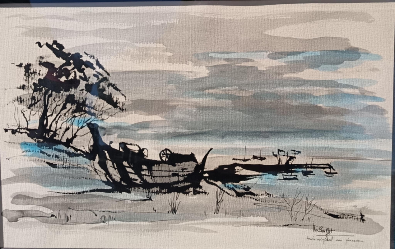 Jean Bougret  Barque sur le Rivage Lavis Aquarell
